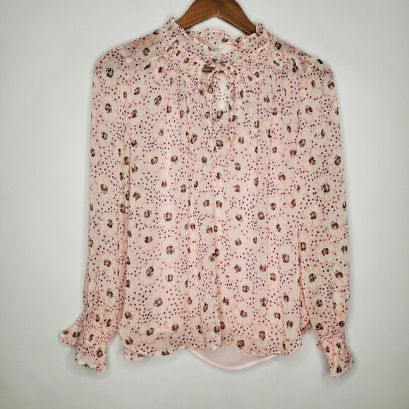 Loft Womens Pink Floral Smocked Blouse And Tank Size M Petite Round Ruffle Neck - Picture 1 of 9